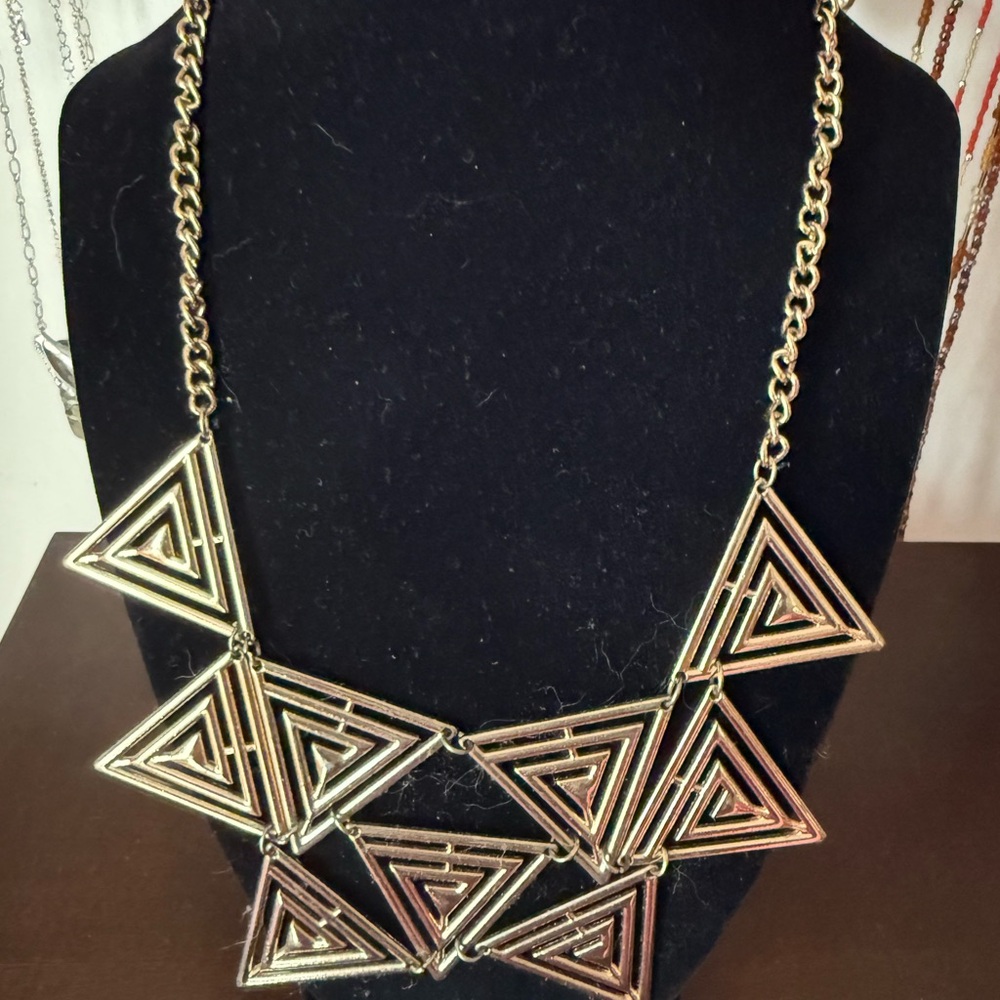 Vintage Gold Tone Art Deco Geometric Triangle Statement Necklace w/ Extender - Picture 2 of 5